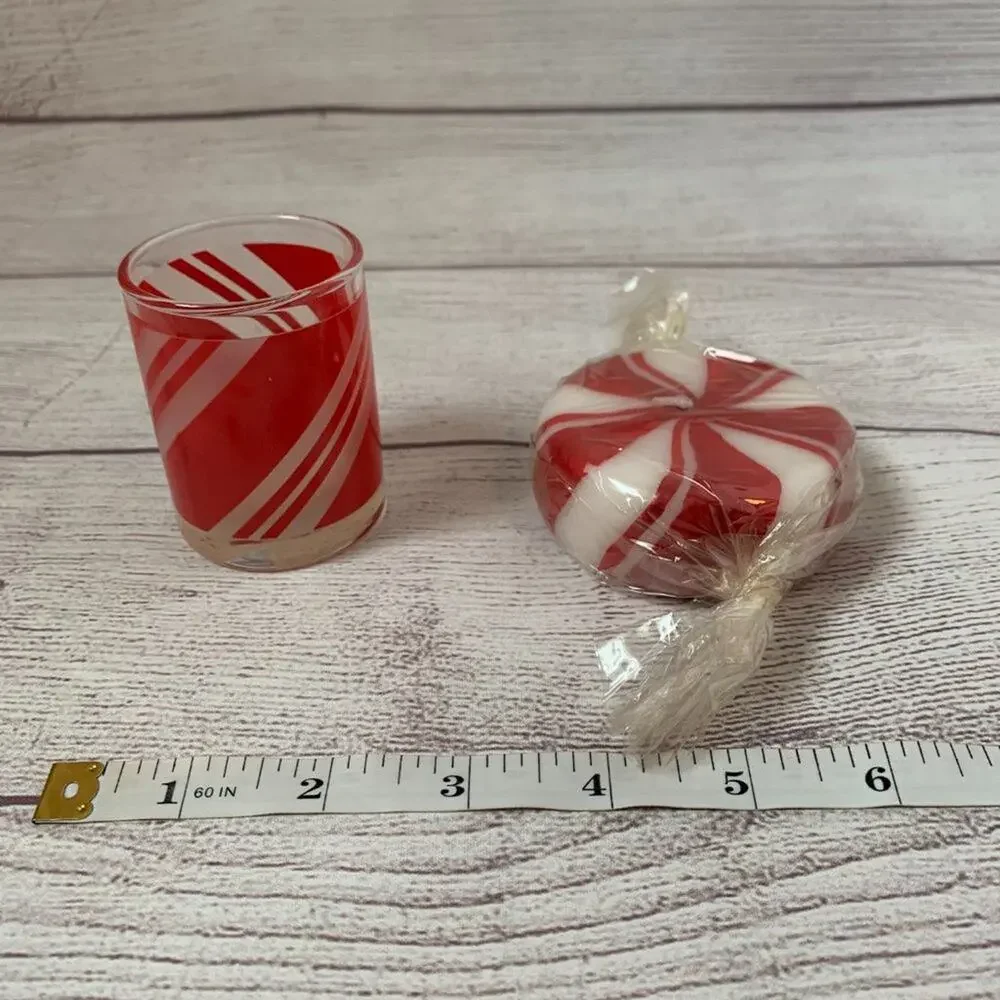 Vintage Peppermint Candy Glass Tealight Votive Candle Holders Set and 2 Candles